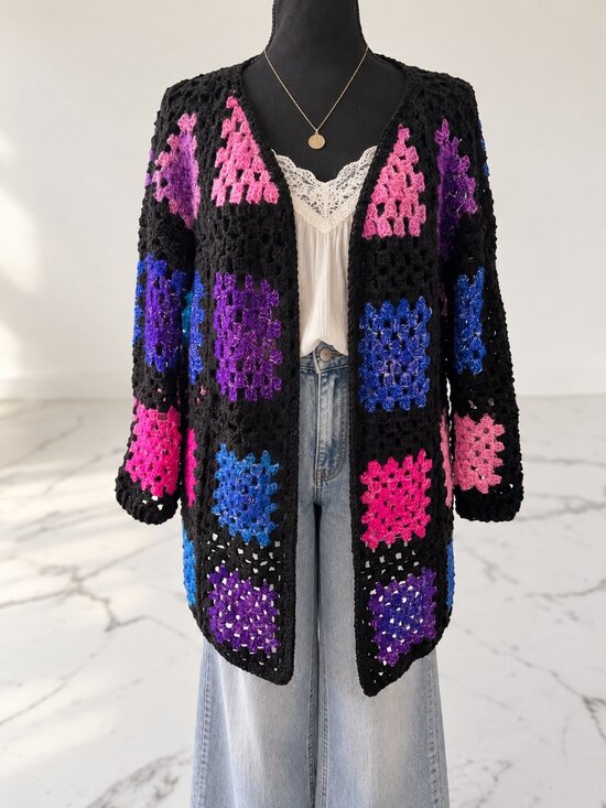 Sweaters - Handmade Crochet Granny Square Cardigan Long Duster Boho Festival Neon Pink